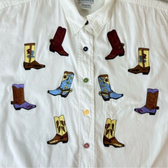 COWGIRL Fun Vintage At Last Brand Button Front White Embroidered Shirt Sz Large - Picture 4 of 16